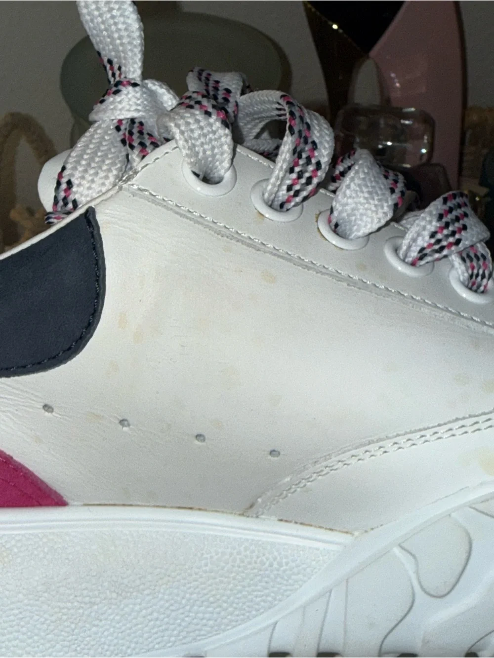 White Women's Chunky Lace-Up Sneakers with Pink